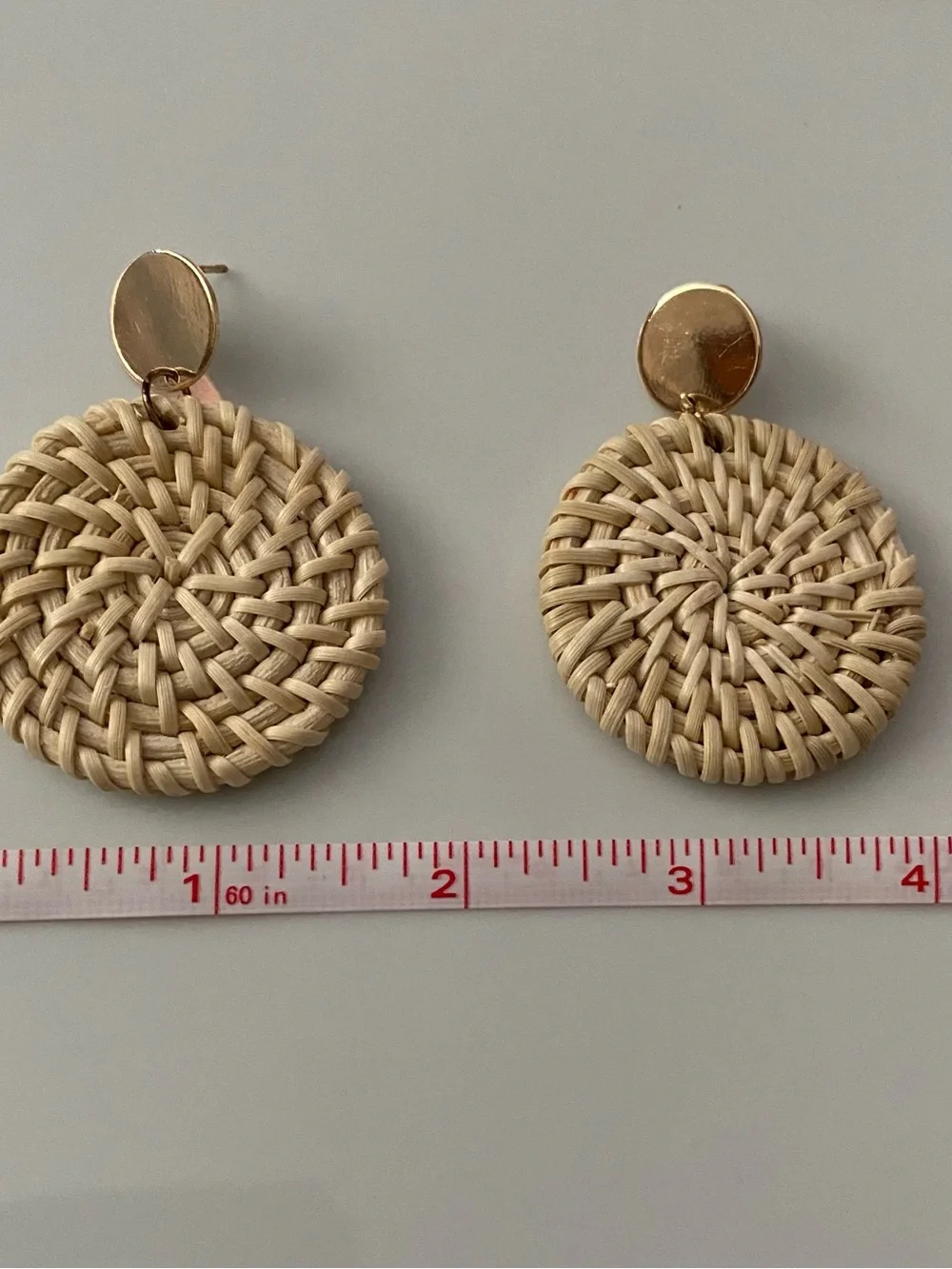 Woven Round Drop Earrings in Natural Straw with Gold Accents